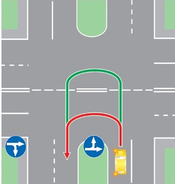 Выезд в нарушение ПДД на полосу, предназначенную для встречного движения, на перекрестке, имеющем два пересечения проезжих частей.